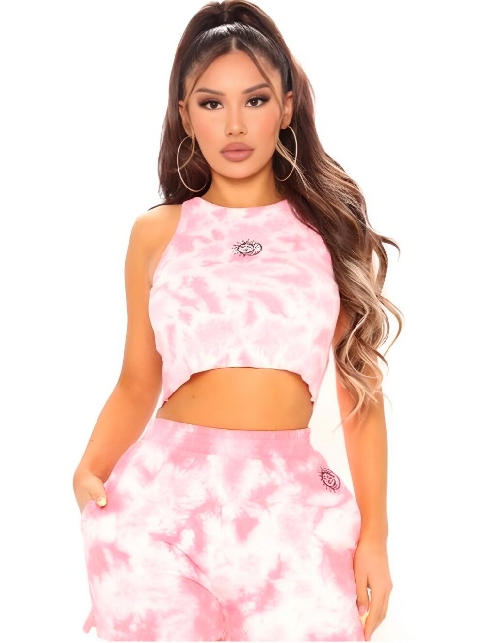 Fashion Nova Pink Tie Dye Sun Moon Crop Top Sleeveless Scoop Neck Stretch NWT